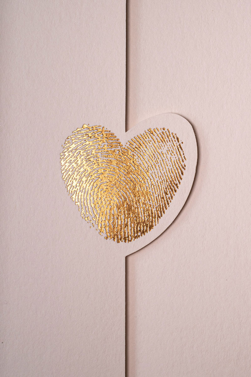 heart fingerprint gold foiled wedding stationery on card