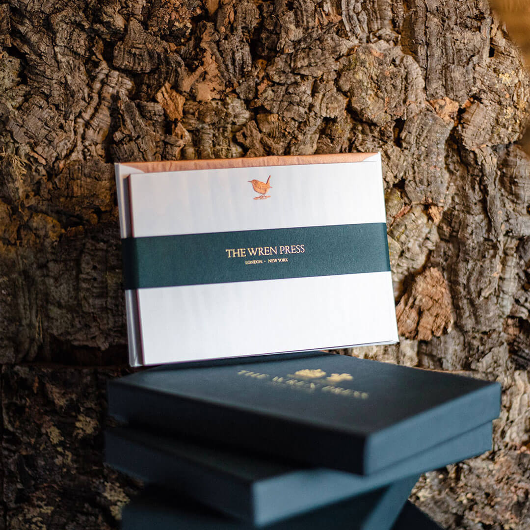 luxury writing note cards with lined envelopes with a bronze engraved wren