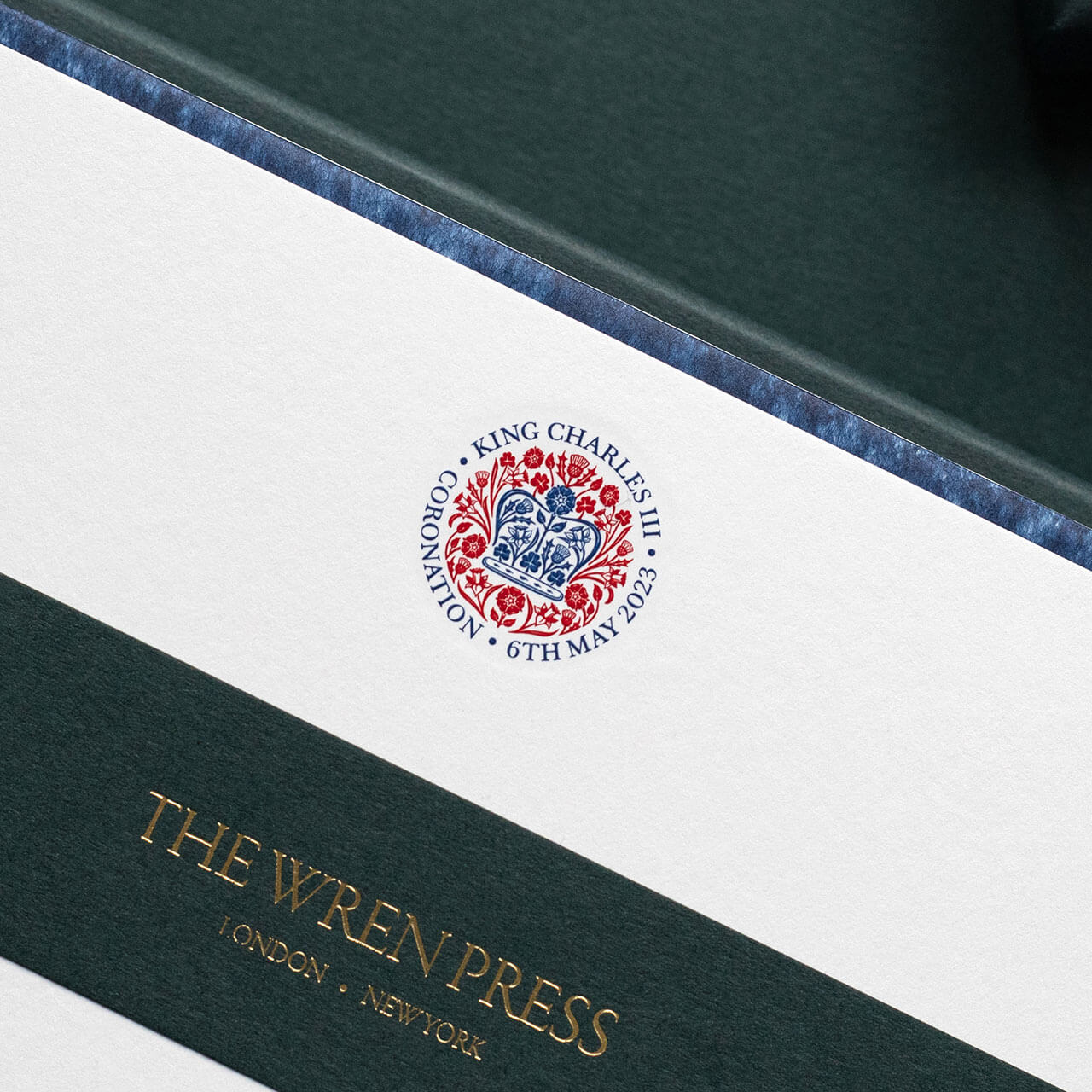 Red and blue engraved logo for king charles coronation stationery cards
